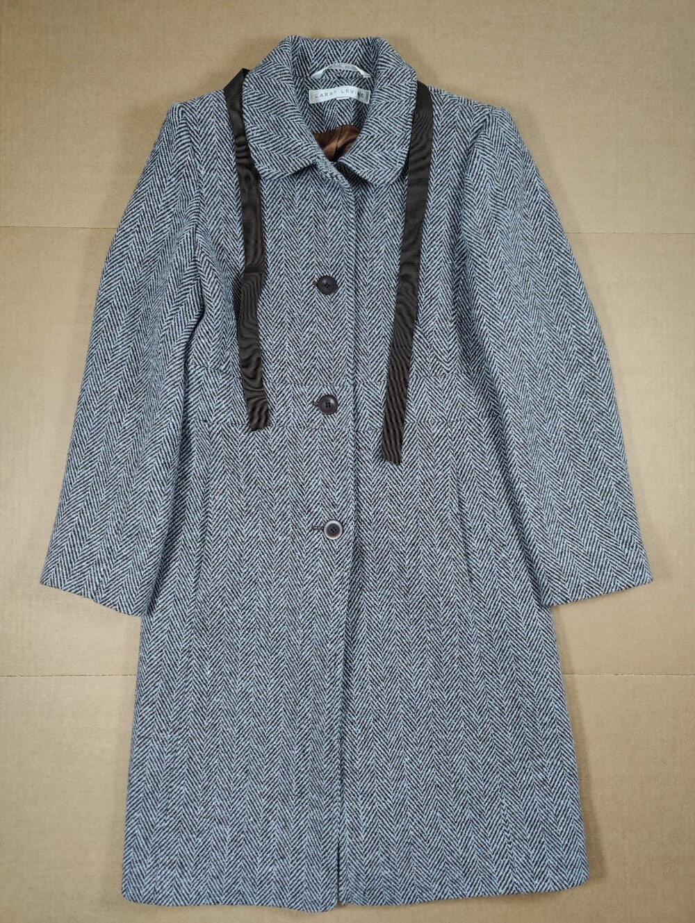 Larry Levine Women Light Blue Black Herringbone Wool Blend Overcoat Size 6